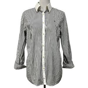 Lauren Ralph Lauren Women's Striped Top Button Up Black Embroidered Crest Sz M